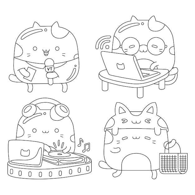 Set vector outline illustration of cute cat character profession for coloring book