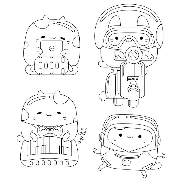 Set vector outline illustration of cute cat character profession for coloring book