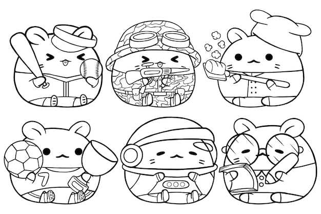 Set vector outline illustration of cute hamster character  for coloring book