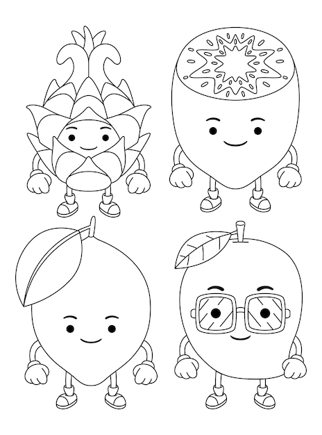 Set vector outline illustration of fruits mascot character for coloring book