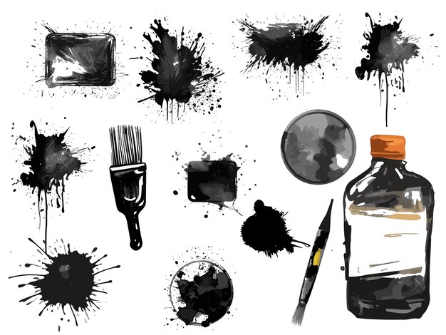 Set of vector paint brush stroke ink splash and grungy decoration elements freehand grunge brush