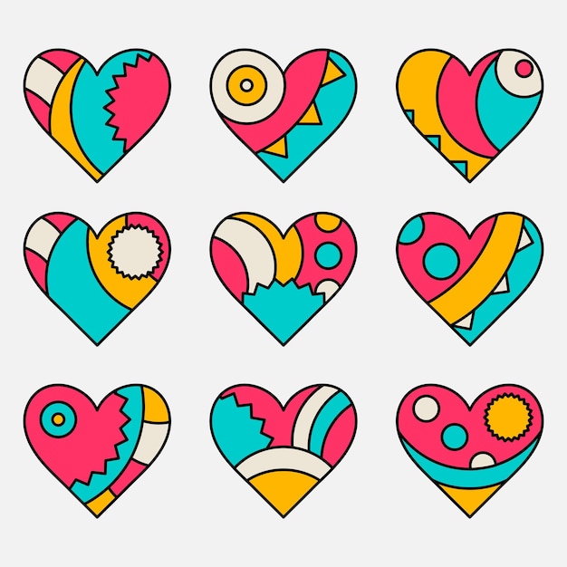 Vector set of vector painted colored decorated hearts