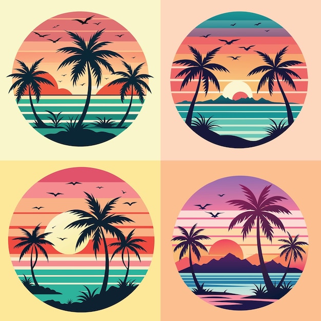 Vector set of vector palm trees and sunset on the sea illustrations summer t shirt