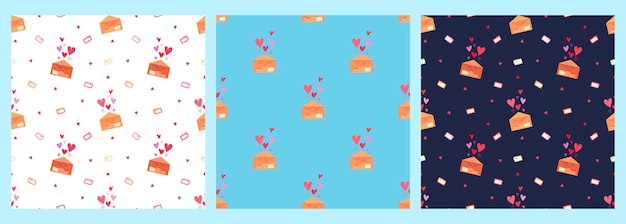 A set of vector patterns with love letters in envelopes and hearts on a blue background