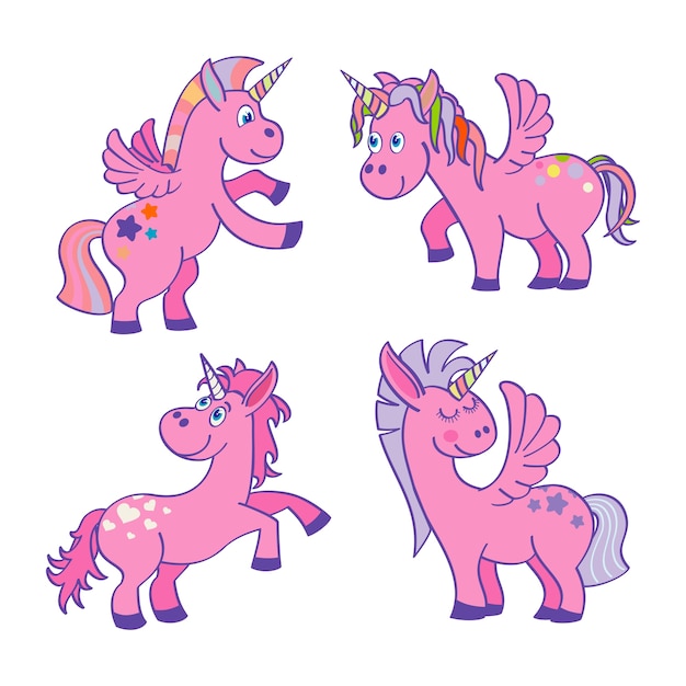 Set of vector pink unicorns white background