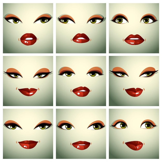 さまざまな感情のセクシーな女性のベクトルの肖像画のセット。美しいメイク、黒い眉、緑の目、赤い唇の女性の顔の部分。