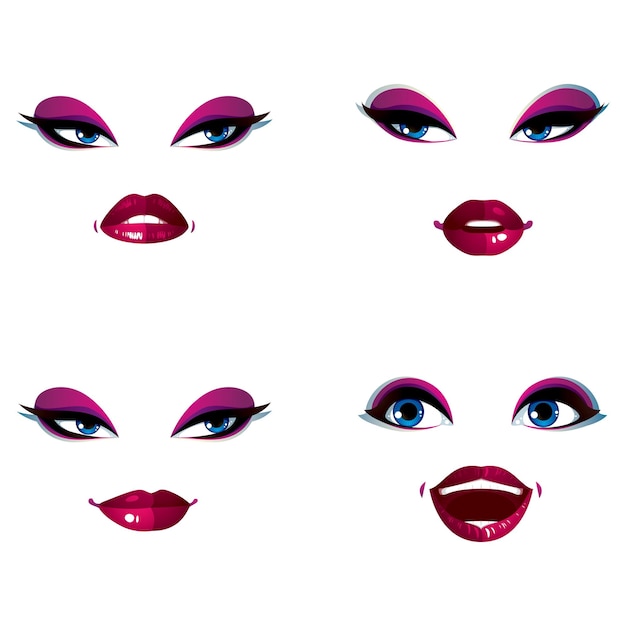 Set of vector portraits of sexy women in different emotions. Parts of female faces with beautiful makeup, blue eyes and red lips.