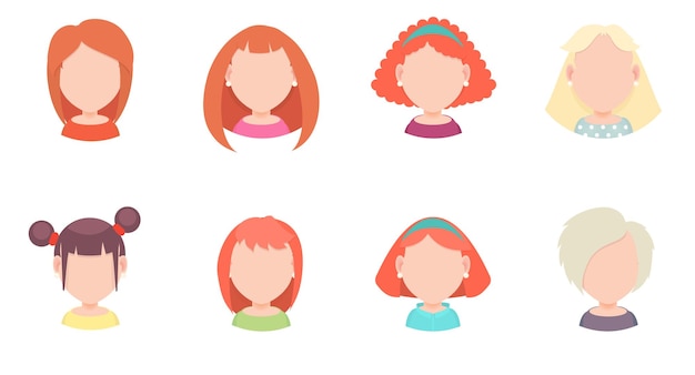 Set of vector portraits of women with different hairstyles in a flat style for avatar in social networks