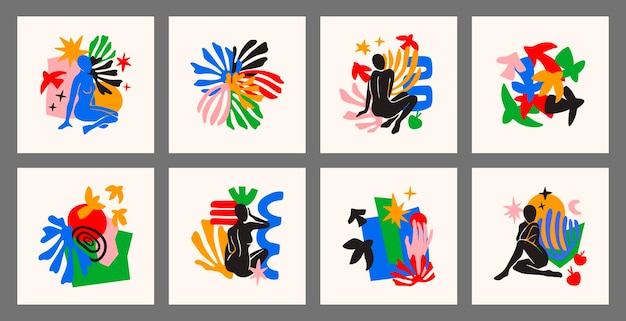 Set of vector poster include women figures birds shapes stars plants inspired by Matisse