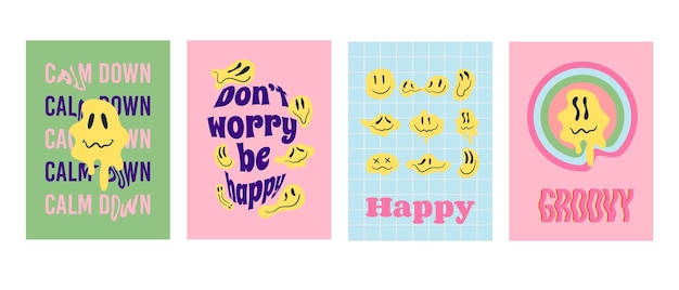 Vector set vector posters psychedelic distorted emoji 70s groovy retro melting and dripping smiles