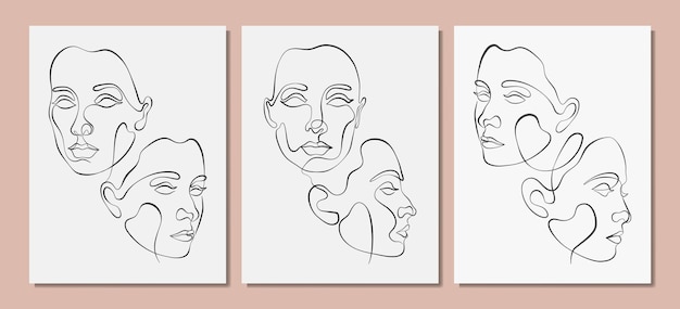 Set of vector posters with illustration of women s line art face. Modern one line drawings