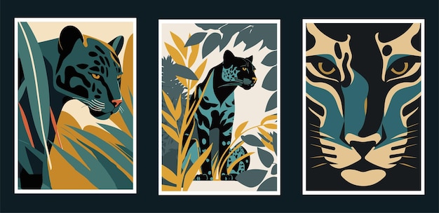 Set of vector posters with leopard silhouettes leaves plants