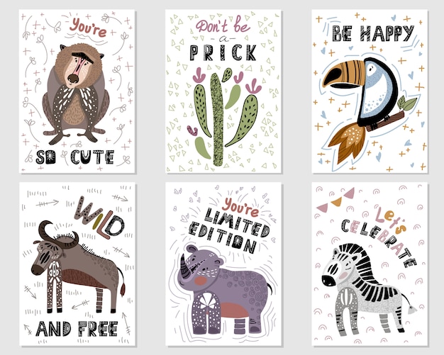 Vector set vector premade cards with cartoon african animals