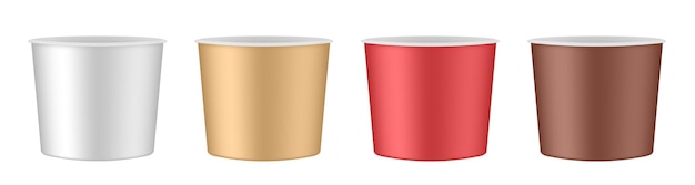 Vector set of vector realistic blank disposable ice cream buckets red gold white and brown cups food bowls