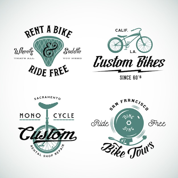 Vector set of vector retro bicycle custom and rental labels and logo templates isolated