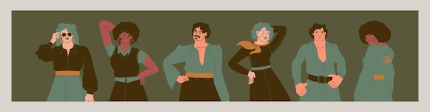 ベクトル レトロなイラストのセット 若い女性と男性がビンテージの服でポーズをとってデザインの文字