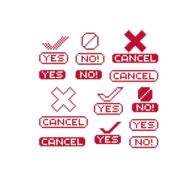 Vector set of vector retro signs made in pixel art style. yes, no and cancel inscriptions with checkmarks and ban geometric pixilated symbols.