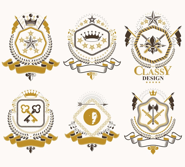 Set of vector retro vintage insignias created with design elements like medieval castles, armory, wild animals, imperial crowns. Collection of coat of arms.