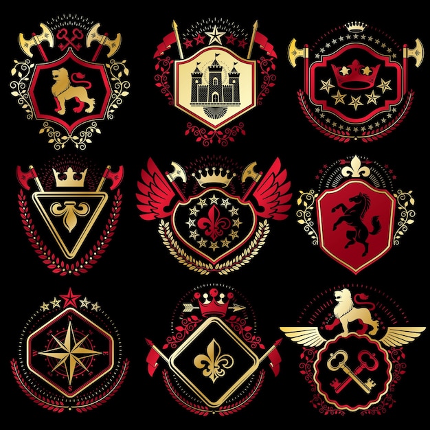 Set of vector retro vintage insignias created with design elements like medieval castles, armory, wild animals, imperial crowns. Collection of coat of arms.