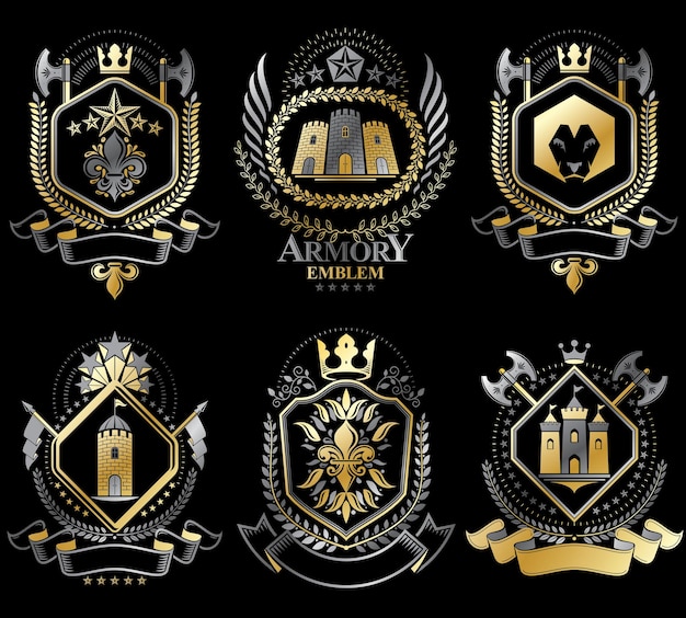 set of vector retro vintage insignias created with design elements like medieval castles, armory, wild animals, imperial crowns. collection of coat of arms.