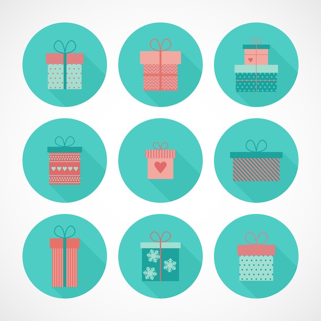 Vector set of vector round icons of gift boxes in flat style