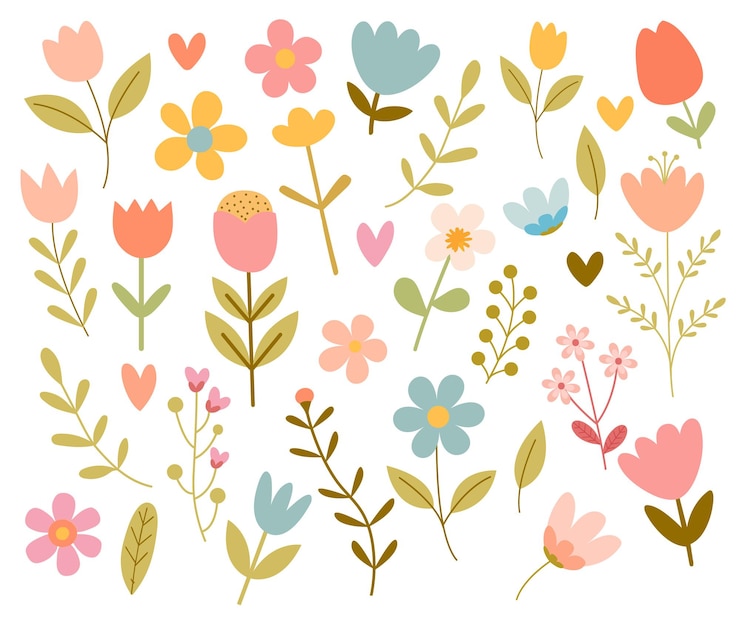 Vector set vector schattige voorjaarsbloemen in kinderlijke platte stijl geïsoleerd op witte achtergrond