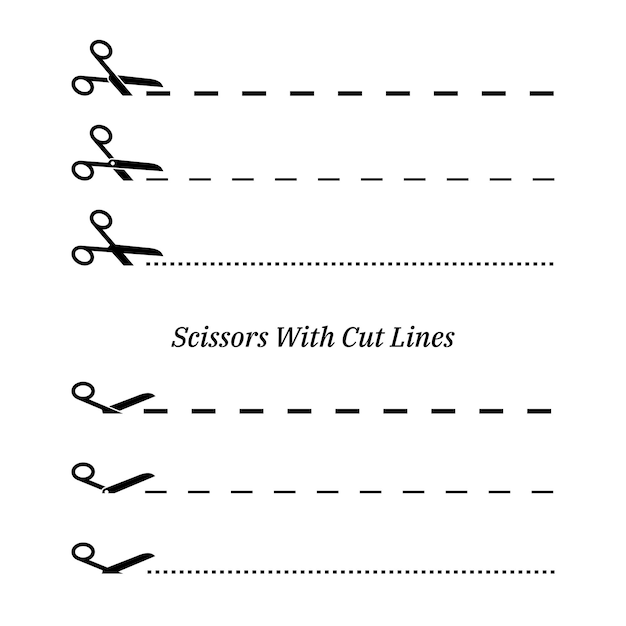 Набор векторных ножниц с линиями разреза на белом фоне