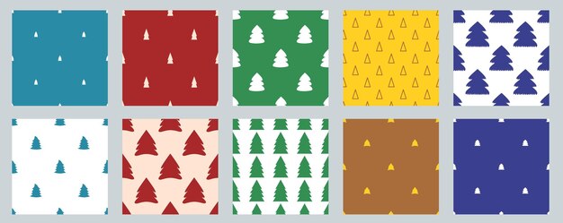 Set of vector seamless christmas simple patterns with christmas trees.