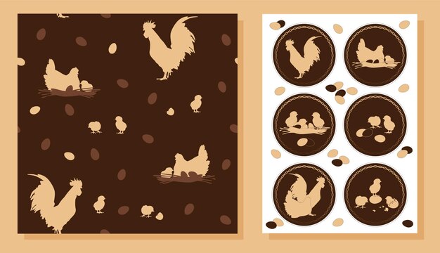 벡터 원활한 패턴 및 스티커 세트입니다. 닭 가족입니다. 갈색 배경에 베이지색 실루엣입니다.