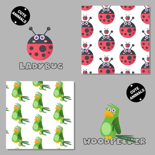 Vector set of vector seamless patterns with animals. hand drawn illustration of ladybug and woodpecker. print on t-shirts, bags and and other fashion products. design children's clothing and accessories