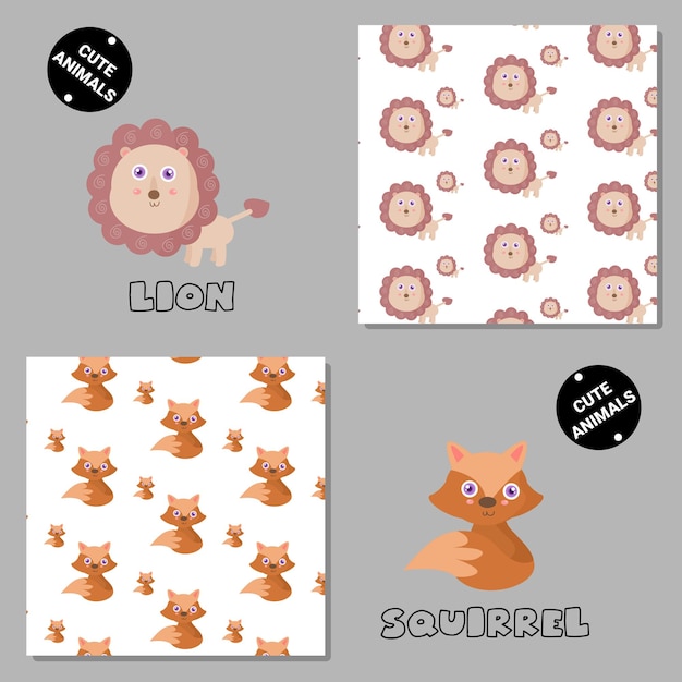 Set of vector seamless patterns with animals. hand drawn illustration of lion and squirrel. print on t-shirts, bags and and other fashion products. design children's clothing and accessories