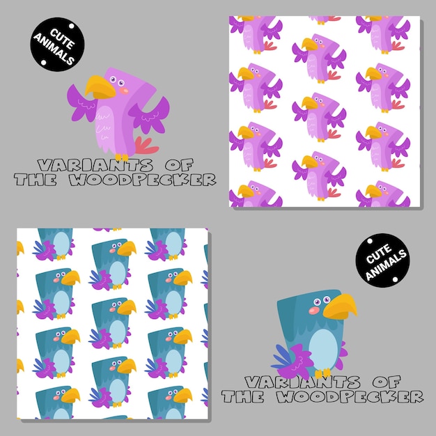 Set of vector seamless patterns with animals. Hand drawn illustration variety of wordwoods 1. Print on T-shirts, bags and and other fashion products. Design children's clothing and accessories