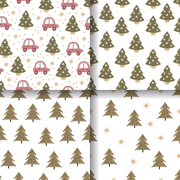 Set of vector seamless patterns with car and Christmas tree Christmas picture New year illustration surface