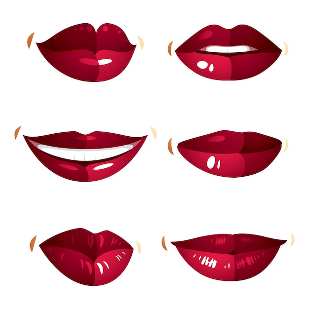 Set of vector sexy female red lips expressing different emotions and isolated on white background. Face parts, shiny women lips, design elements.