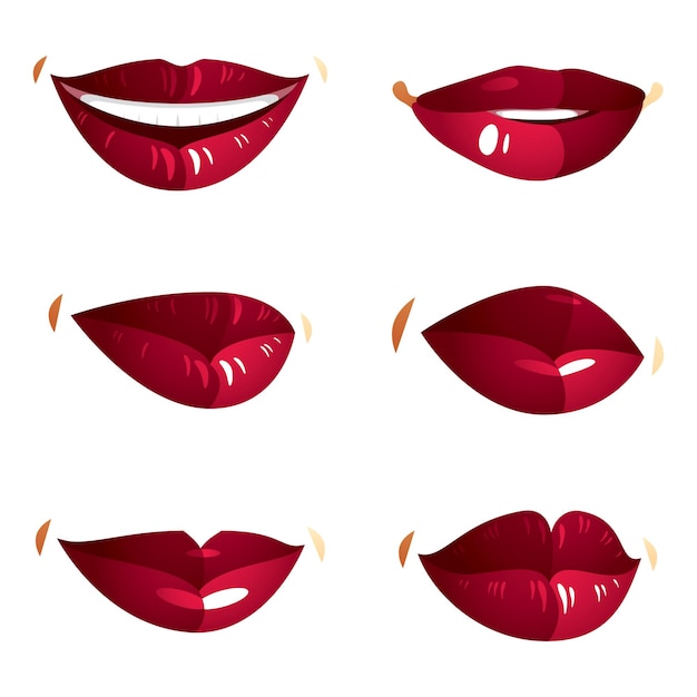 Insieme delle labbra rosse femminili sexy di vettore che esprimono emozioni diverse e isolate su priorità bassa bianca. parti del viso, labbra da donna lucide, elementi di design.
