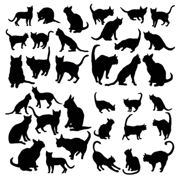 Set vector silhouetten van de kat verschillende poses staande springen en zitten zwarte kleur geïsoleerd op een witte achtergrond