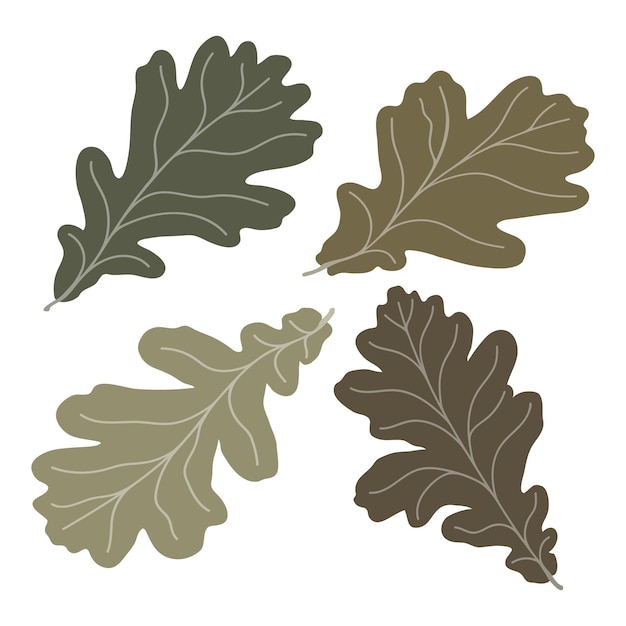 Set of vector silhouettes of colored oak leaves