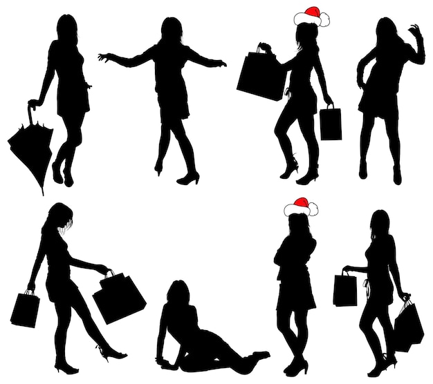 Set vector silhouettes girls with bag illustration