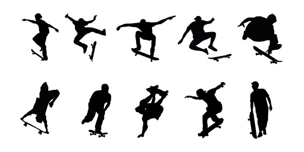 Vector set of vector silhouettes of skateboarder black color isolated on white background