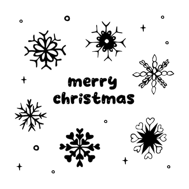 Set of vector snowflakes doodle style black and white cute simple Christmas