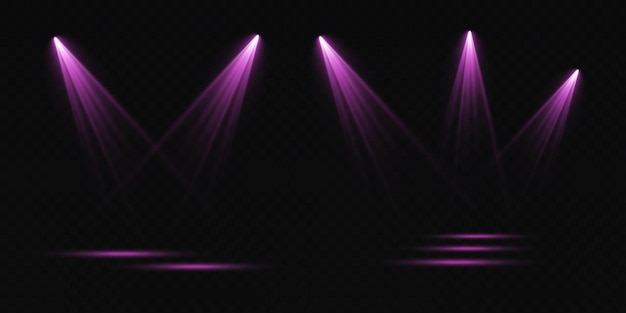 Vector set of vector spotlights various forms of light purple color stage projector stage background american spotlight light effects previous illustration