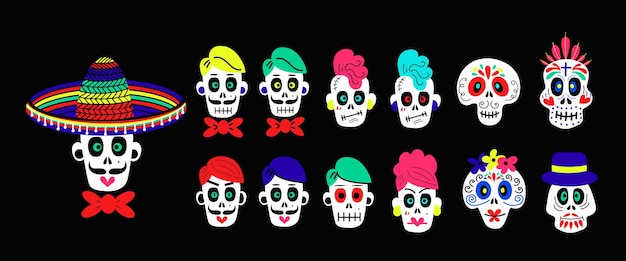 Set of vector stickers of funny colorful skulls