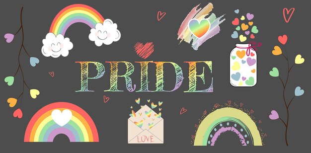 Set of vector stickers on lgbt topic with colourful letters, hearts, rainbows and jar on contrasting dark background for illustration of lgbt love. vector illustration of gay community pride concept