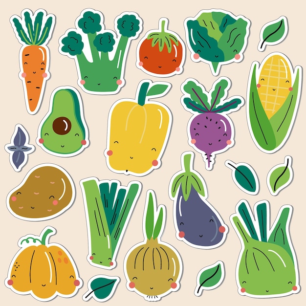 Set of vector stickers of vegetables in cartoon style collection of farm products for children