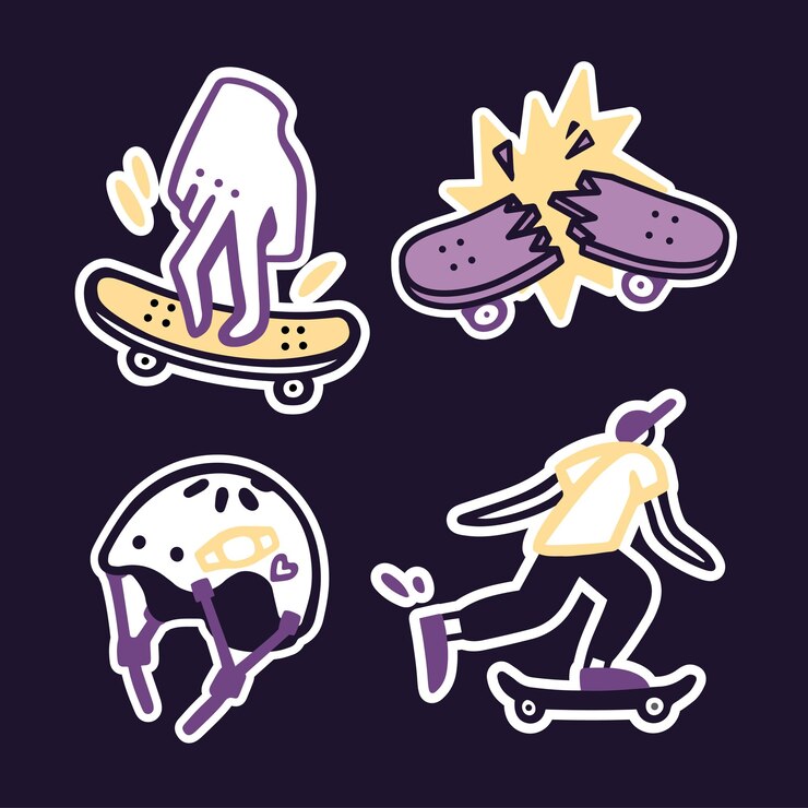 Vector set of vector stickers with stroke fingerborg broken skateboard safety helmet skater street