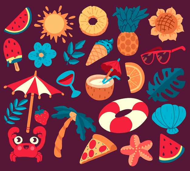 A set of vector summer elements with watermelon, sun, pineapple, sunflower, ice cream, flower, sunglasses, cocktail drinks, beach umbrella, citrus fruit slice, lifebuoy, monstera, pizza, crab, shells