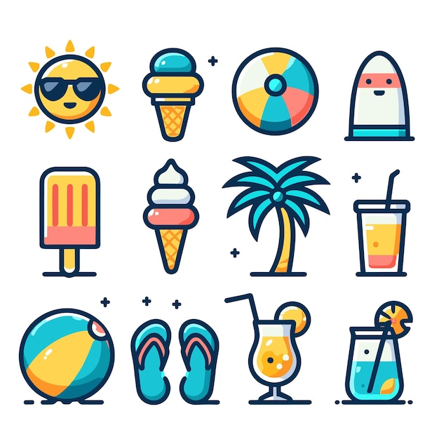 A set of vector summer icons in a flat colorful style Include a sun with sunglasses an ice cream cone a beach ball a palm tree a flipflop a su