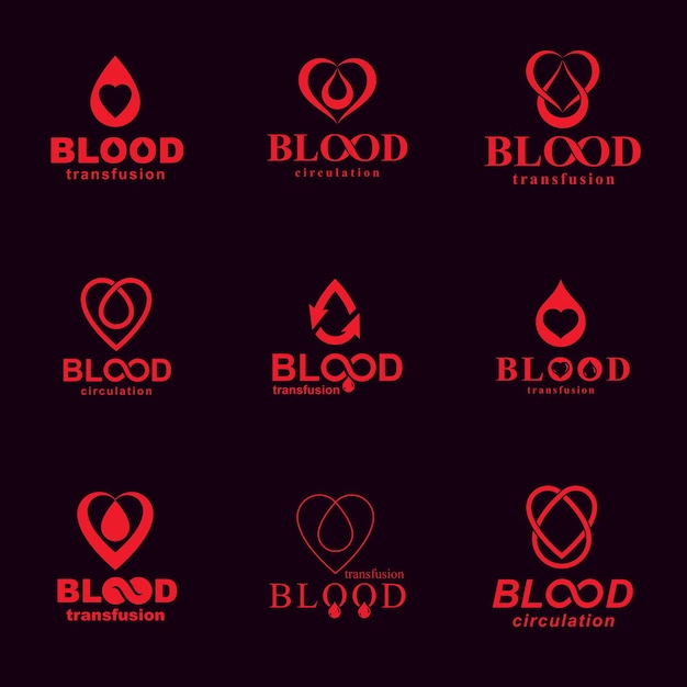 헌혈 테마, 수혈 및 순환 은유에서 만든 벡터 기호 집합입니다. 의료 광고에 사용하기 위한 의료 아이디어 로고타입.