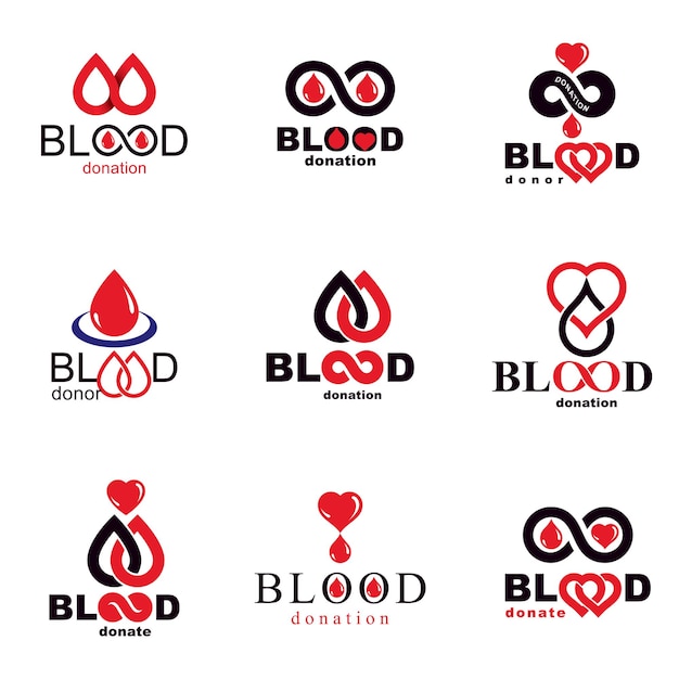 献血のテーマ、輸血、循環の比喩に基づいて作成されたベクトル記号のセット。医療広告で使用するための医療アイデアのロゴタイプ。