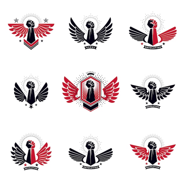 Set of vector symbols created with clenched fist of athletic man, eagle wings, pentagonal stars and different graphic elements. Best fighter vector emblems, champion concept.